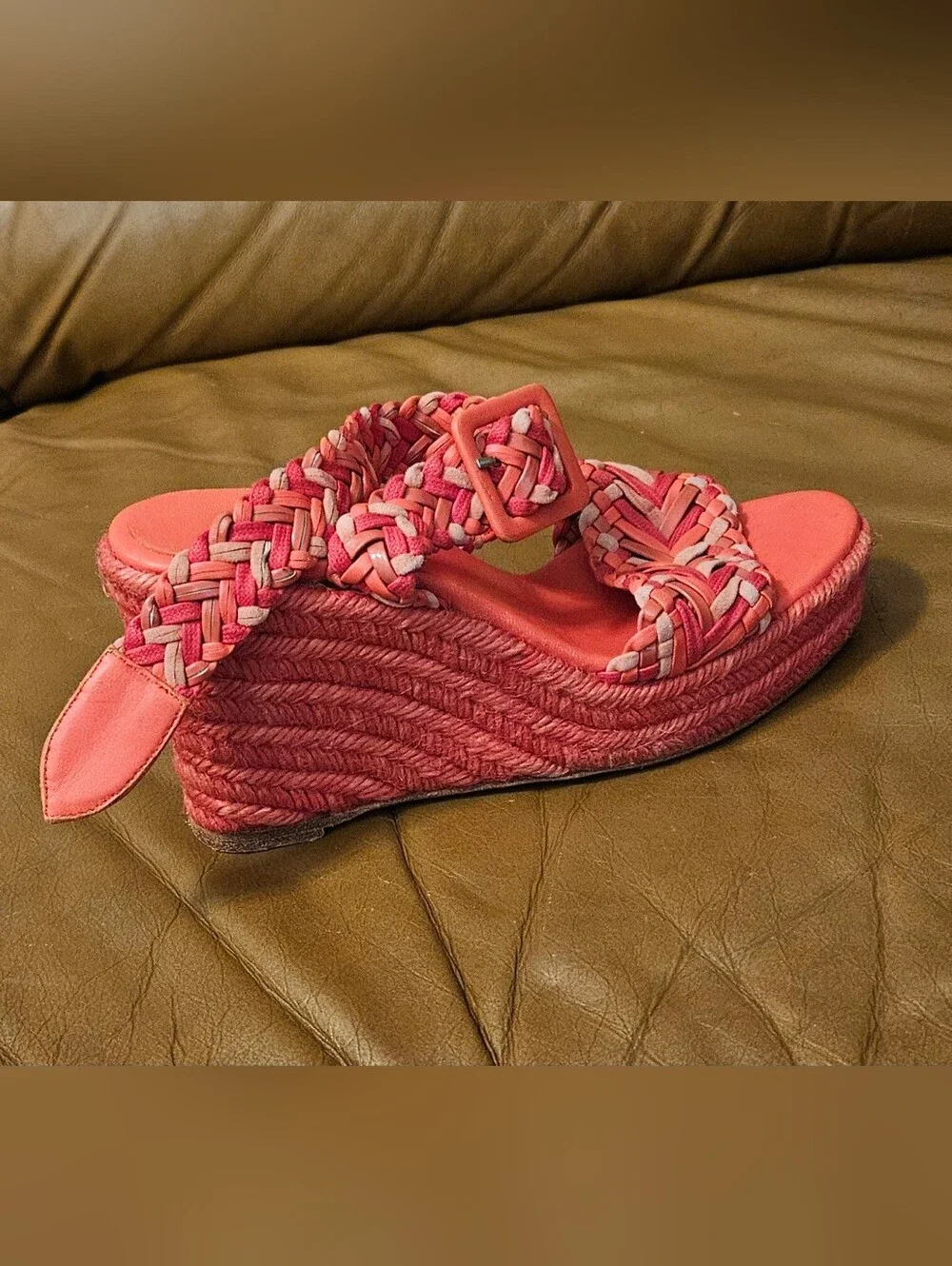 Hermes Coral Braided Espadrille Wedge Sandals Heels Size 5 US